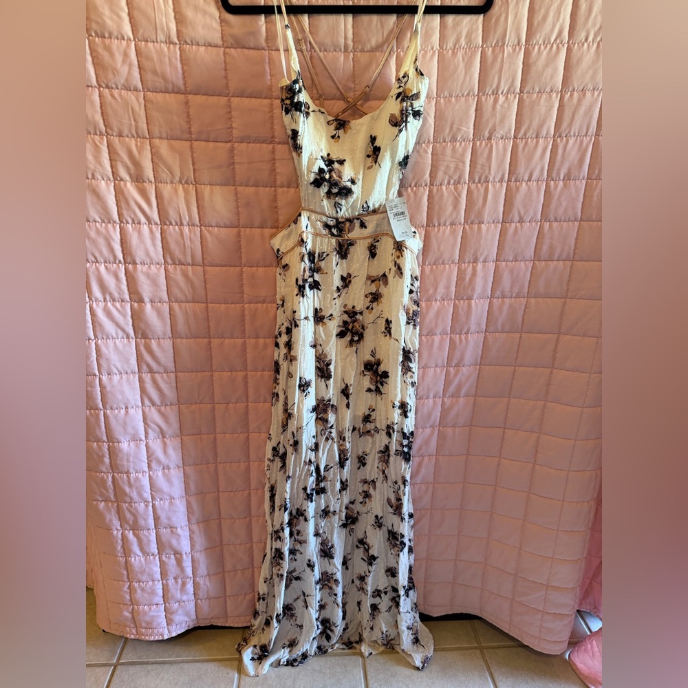 Buckle Cream Maxi Dress with Black Floral Print